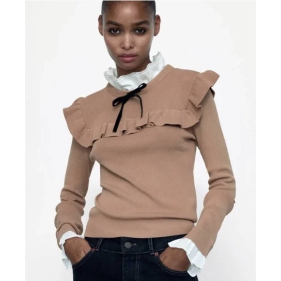 Zara Sweaters - ZARA Brown Combination Ruffle Bow Tie Knit Sweater